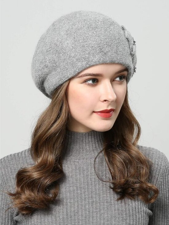 Women\'s Winter Knit Beret Hat Rabbit Hair French Warm Casual Beanie Hat Grey